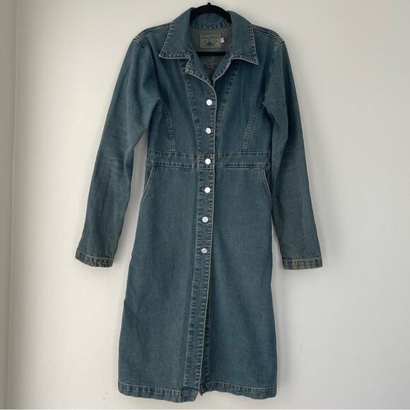 Denim Midi Shirt Dress Longline Jacket Pockets Long Sleeve Button Down Western - Picture 1 of 6